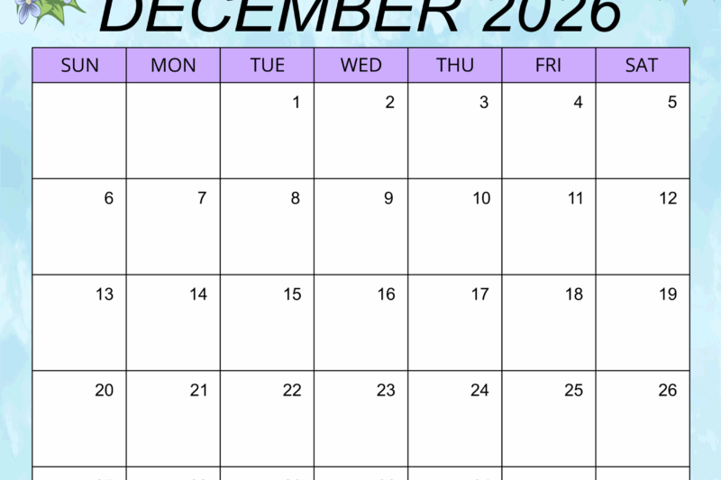Preschool Printable December 2026 Calendar