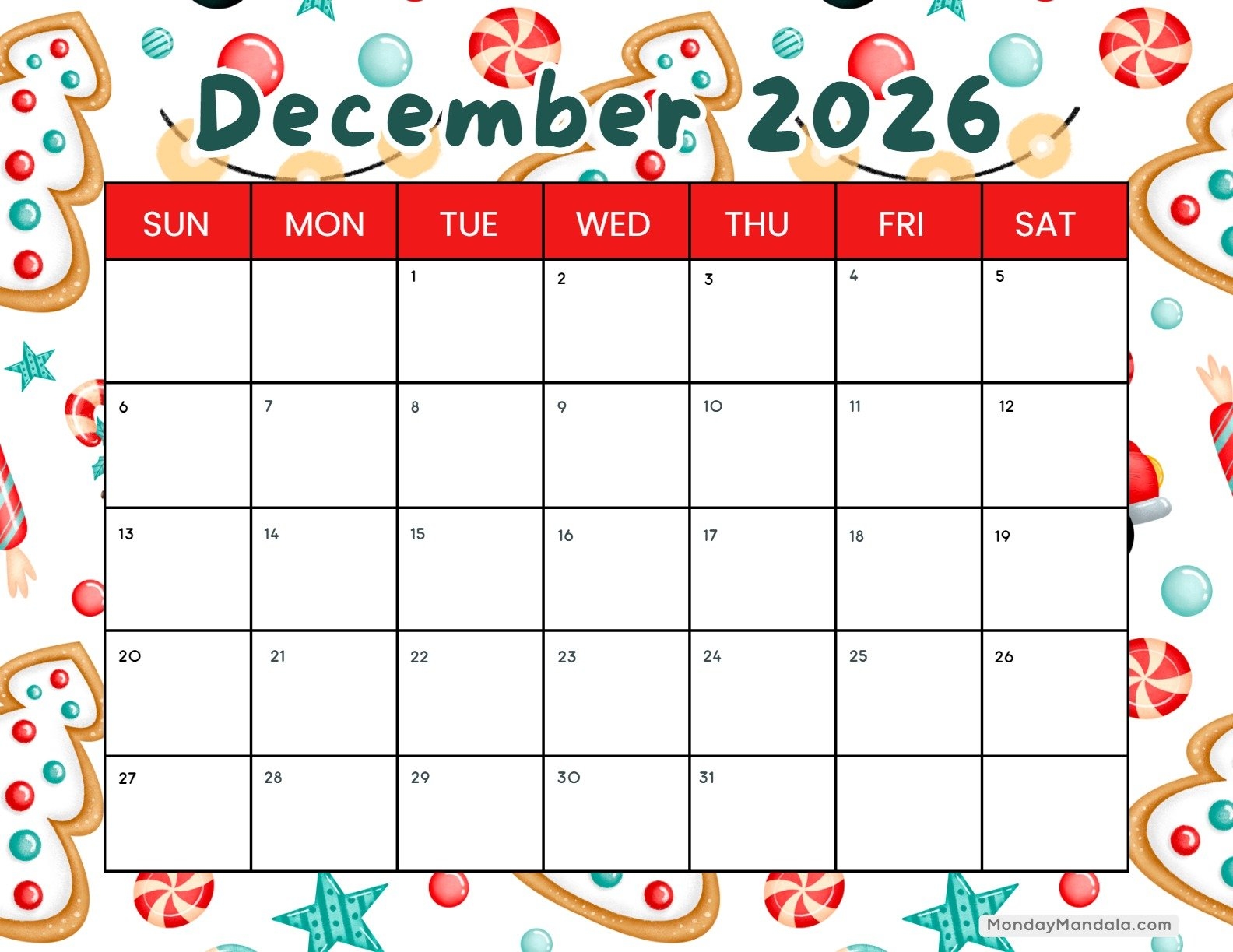 December 2026 Calendars 52 Free PDF Printables 