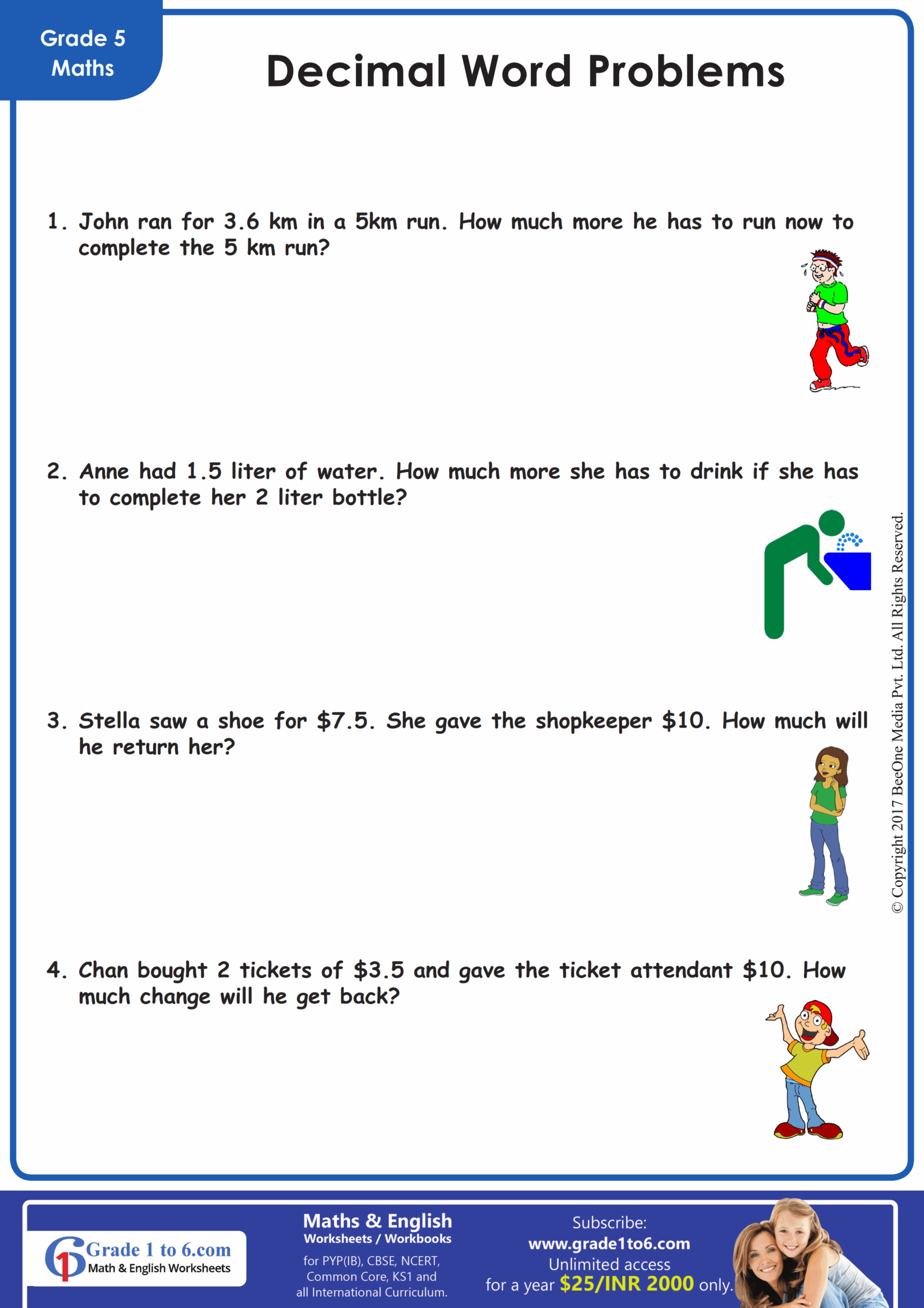 Decimal Word Problem Worksheet Grade1to6 Decimal Word Problem Worksheet Grade1to6