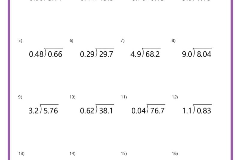 Free Printable Dividing Decimals Worksheet