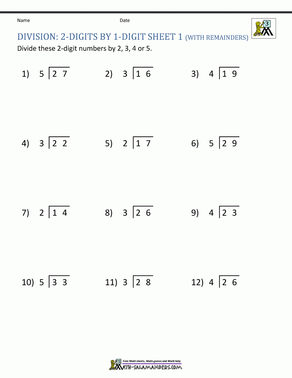 Division Worksheets 3rd Grade