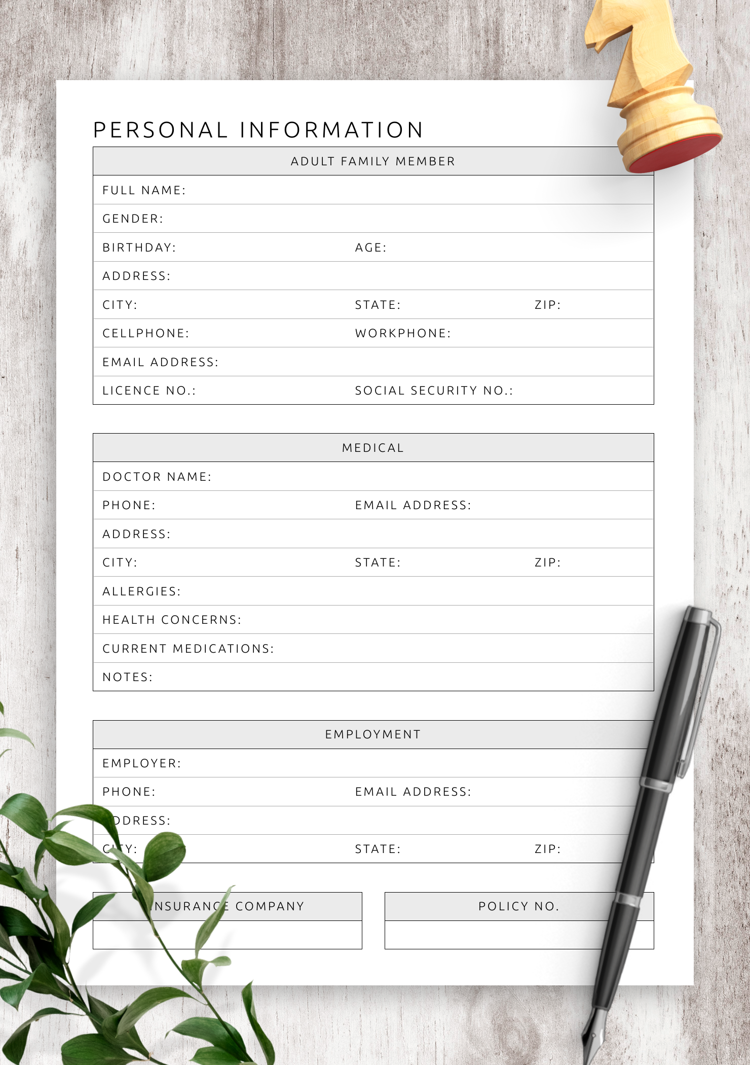 Download Printable Personal Information For Adult Template PDF