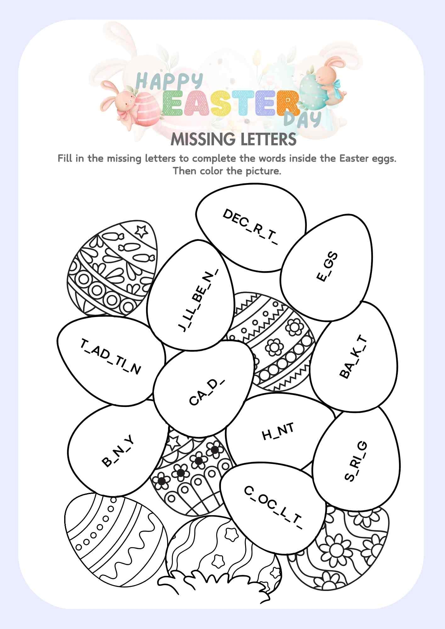 Easter Day Fill In The Missing Letters And Color Easter Eggs Free Printable Pdf Ezpzlearn Easter Day Fill In The Missing Letters And Color Easter Eggs Free Printable Pdf Ezpzlearn