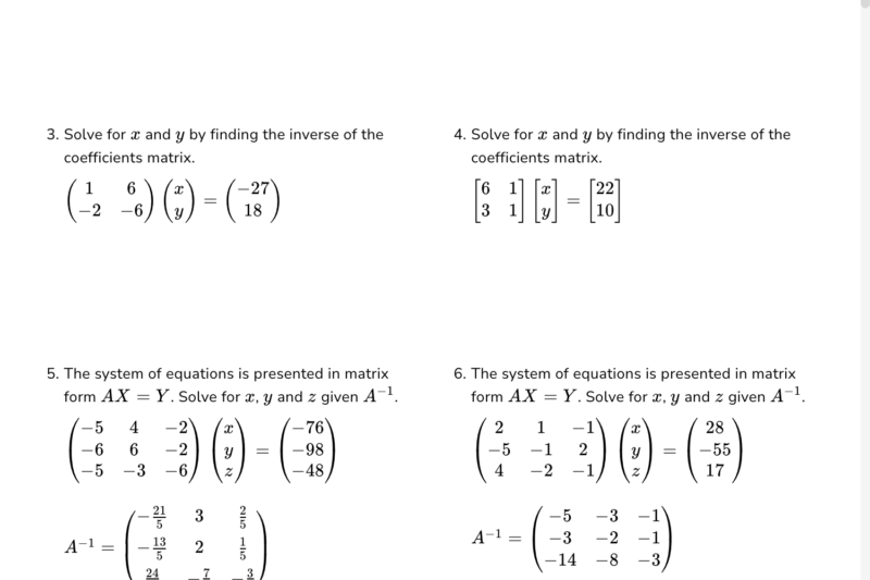 Free Printable Inverse Matix Worksheet