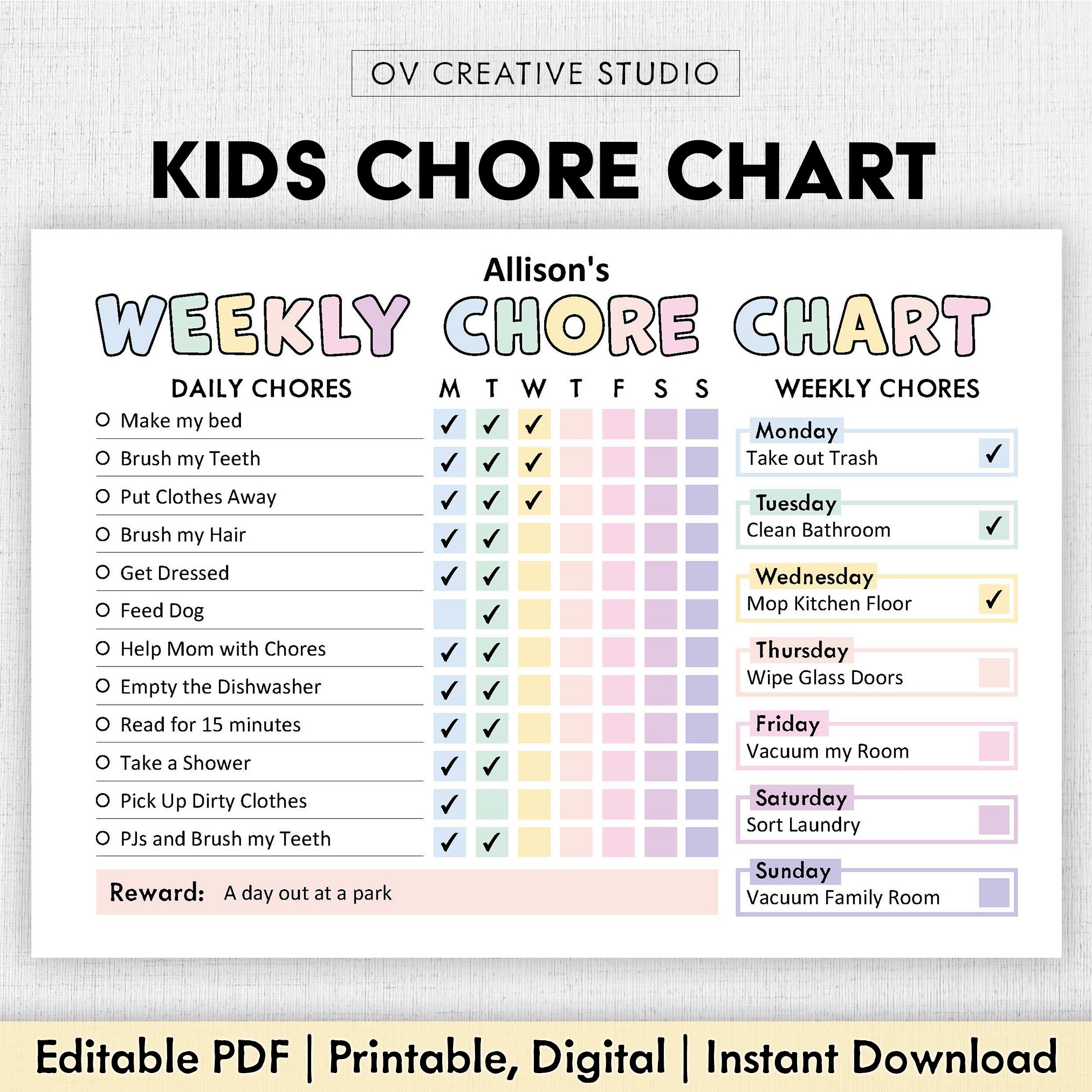 Editable Chore Chart For Kids Printable Kids Daily Weekly Editable Chore Chart For Kids Printable Kids Daily Weekly