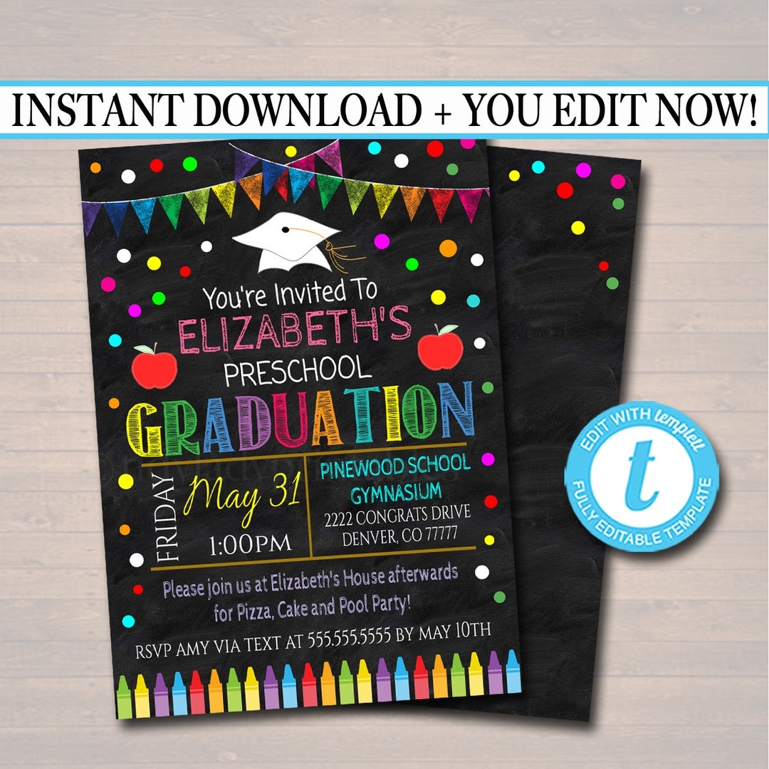 Editable Graduation Invitation Chalkboard Printable Kindergarten Editable Graduation Invitation Chalkboard Printable Kindergarten