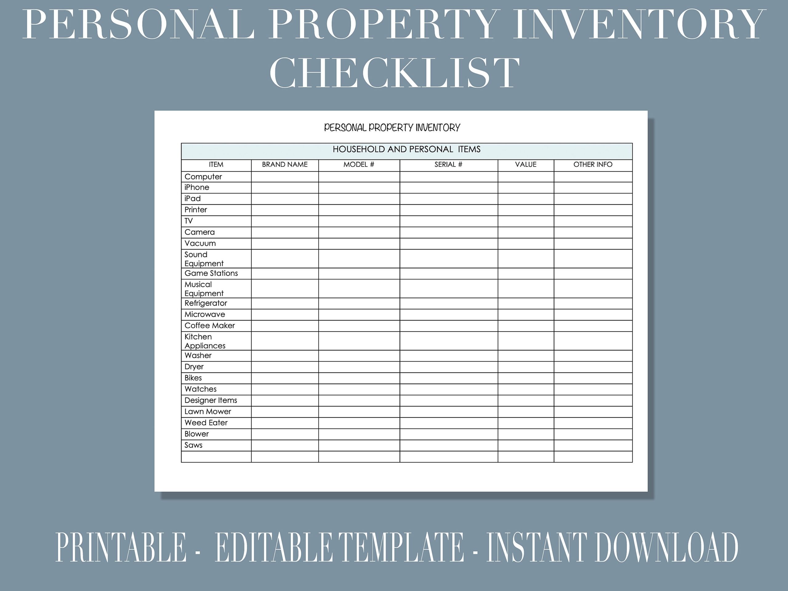 Editable Personal Property Inventory Tracker Instant Download Editable PDF Etsy