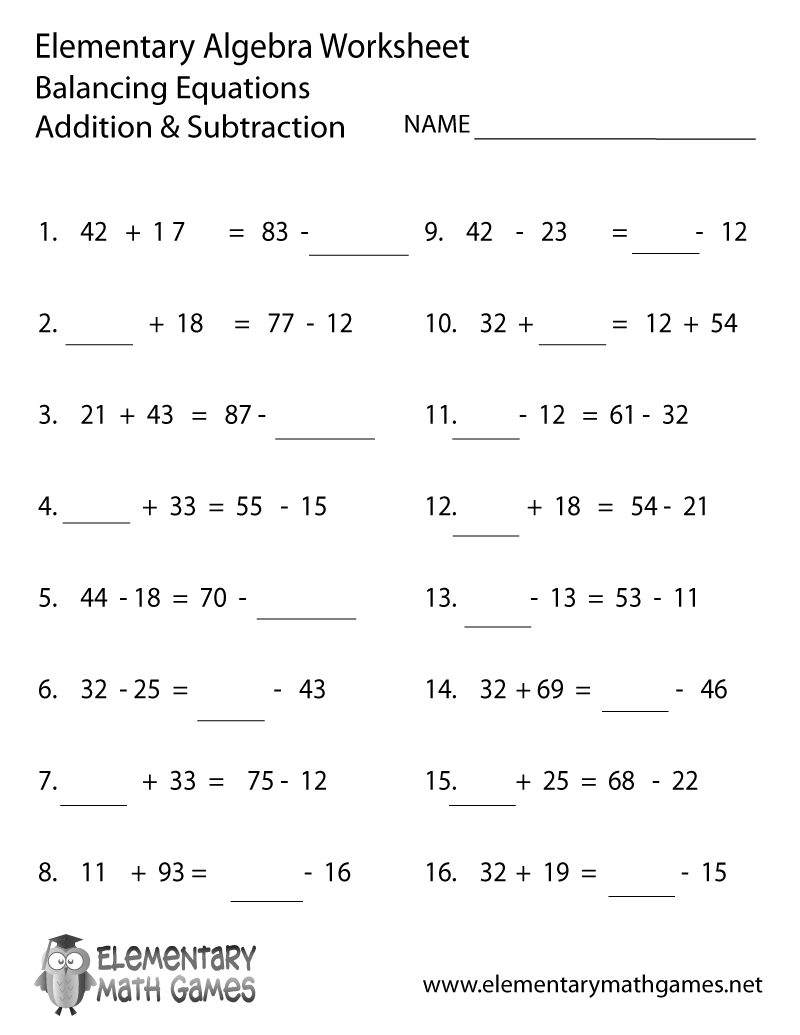 Elementary Algebra Balancing Equations Worksheet