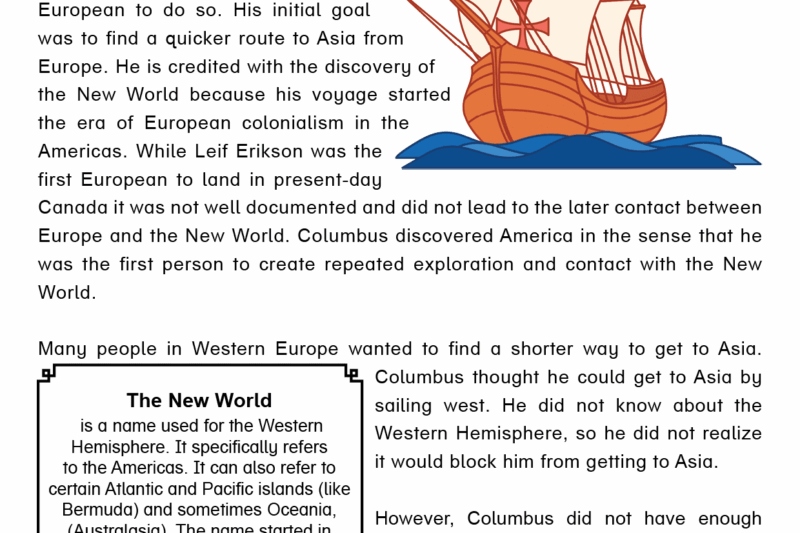 Columbus Day Reading Comprehension Worksheets Pdf
