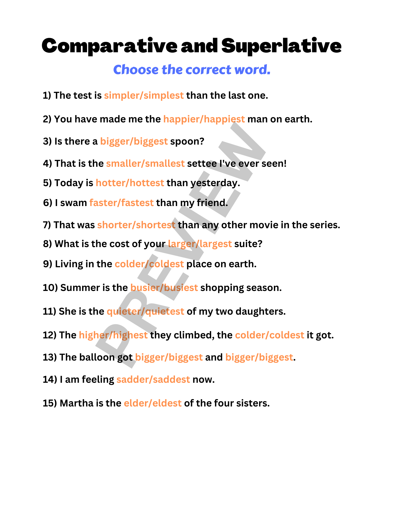 Free Printable Comparative And Superlative Worksheets