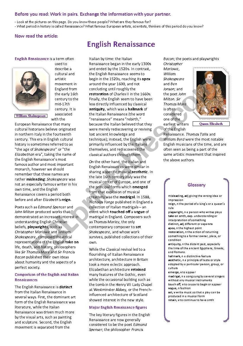 English Renaissance Reading Tasks ESL Worksheet By Electrelane