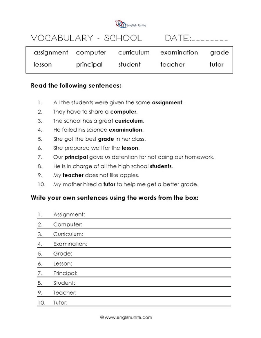 English Unite School Vocabulary Worksheet