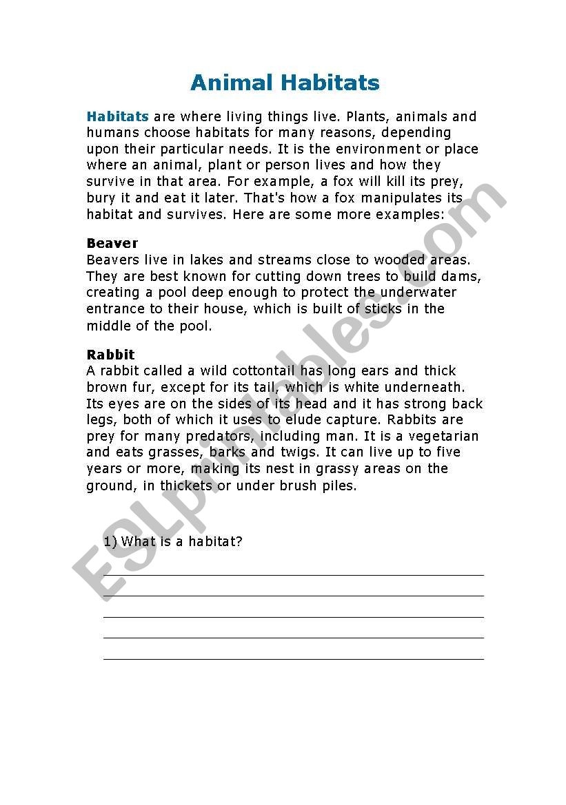 English Worksheets Animal Habitats English Worksheets Animal Habitats