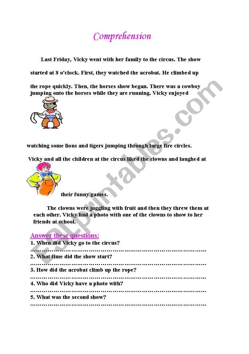 Circus Reading Comprehension Worksheet Circus Reading Comprehension Worksheet