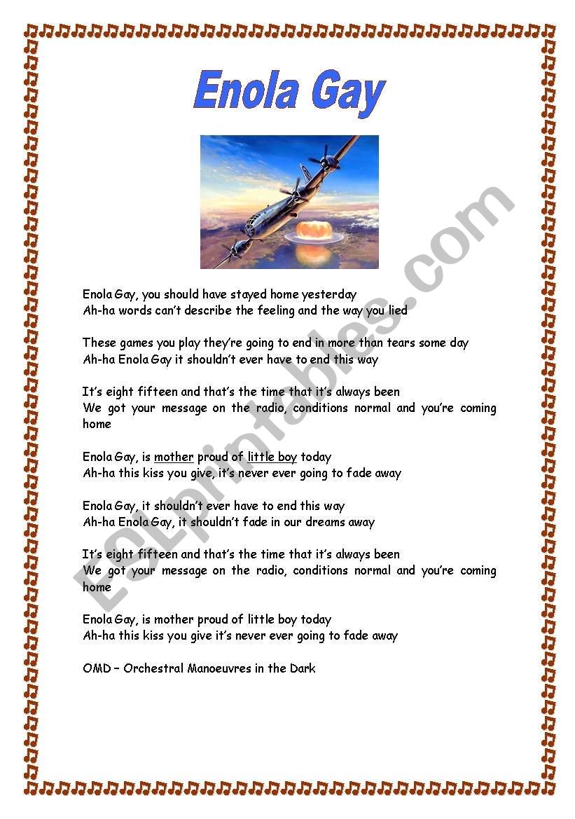 English Worksheets Enola Gay Song English Worksheets Enola Gay Song