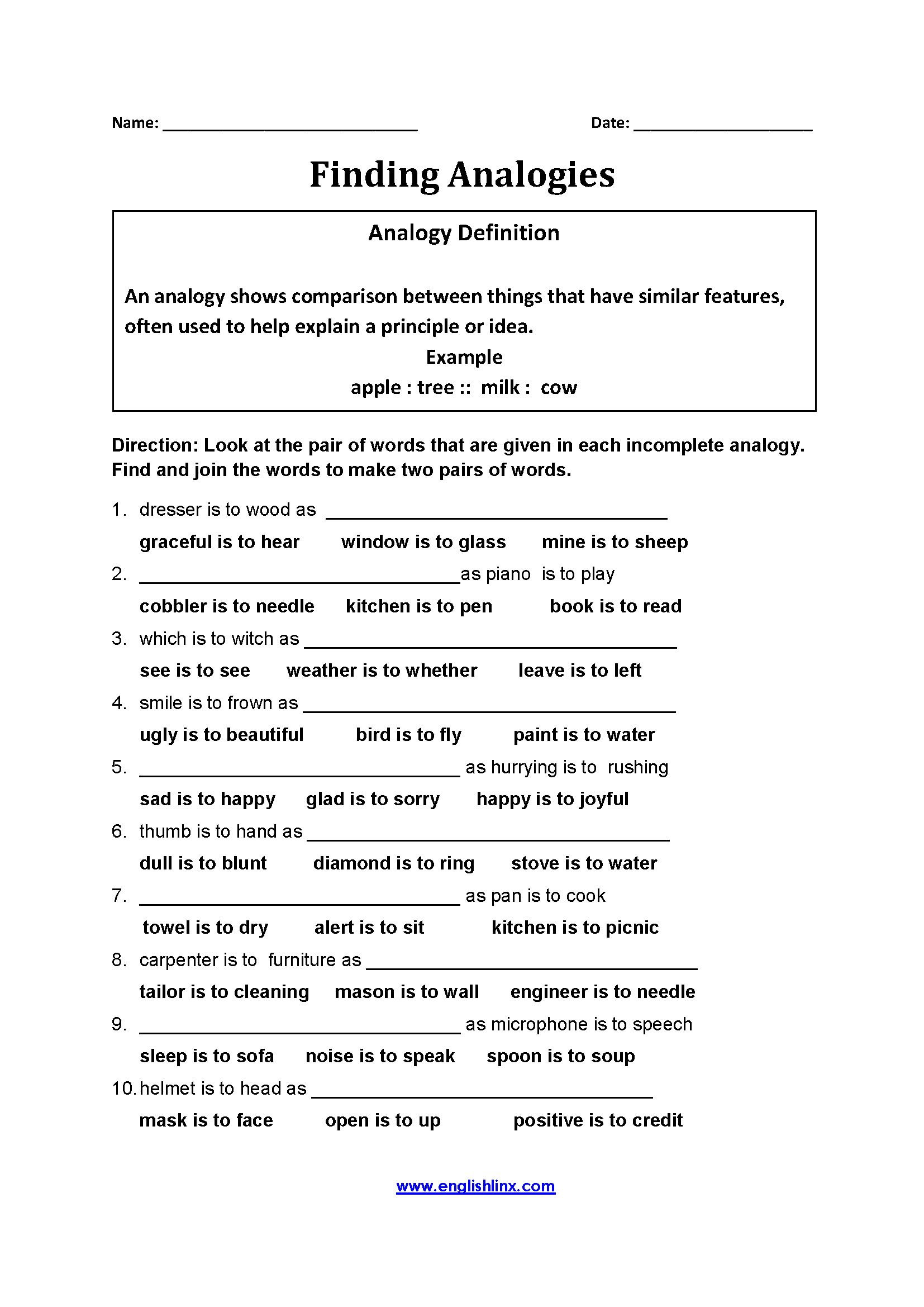 Englishlinx Analogy Worksheets Englishlinx Analogy Worksheets