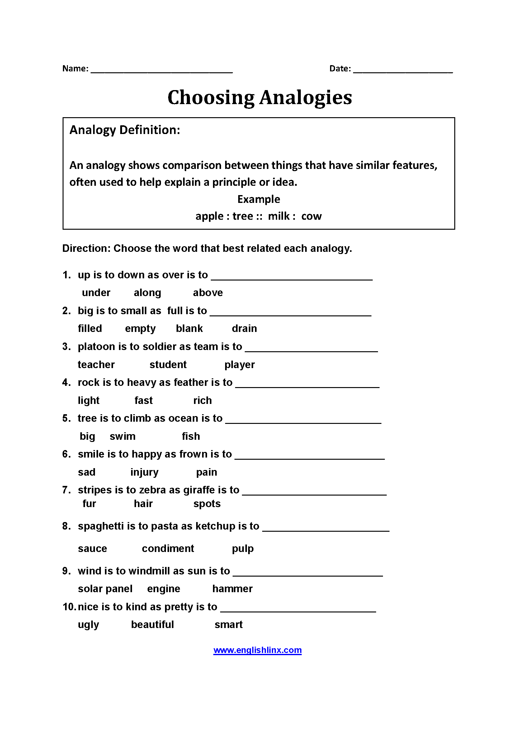 Englishlinx Analogy Worksheets Englishlinx Analogy Worksheets