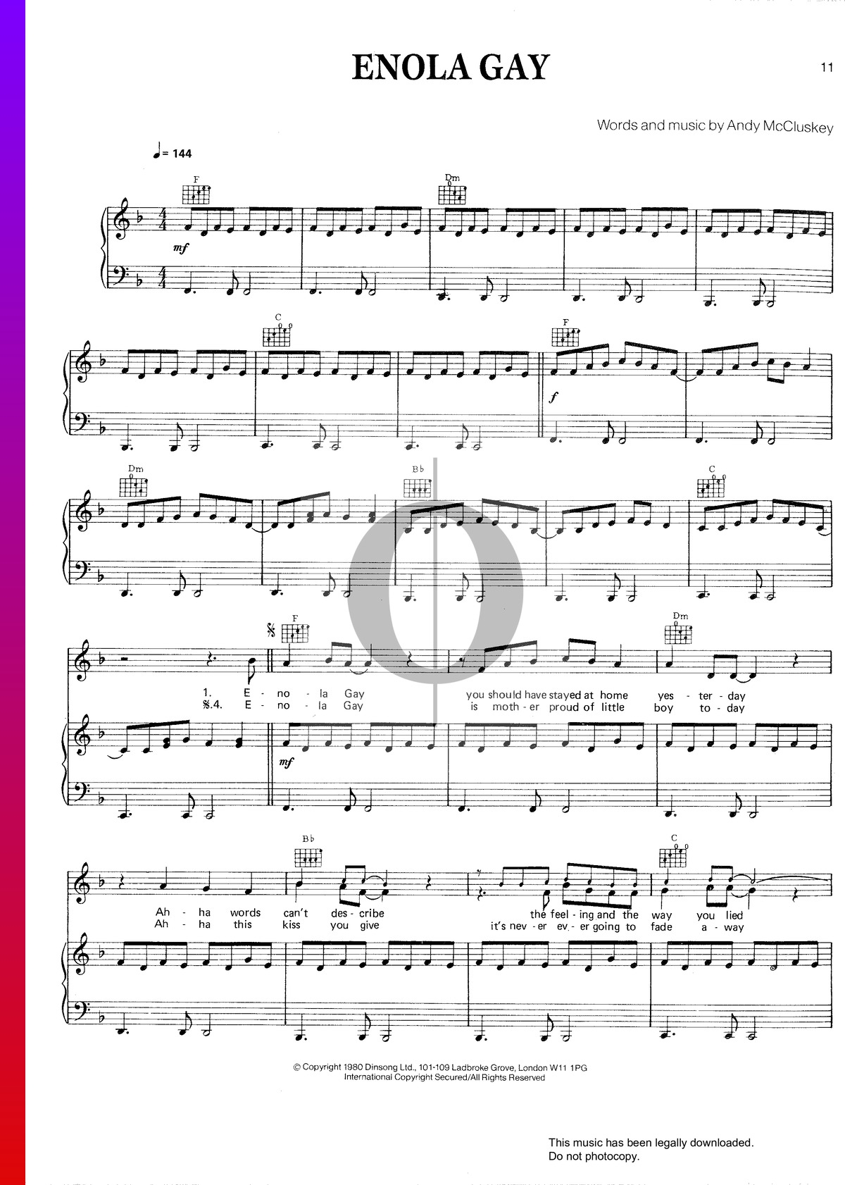 Enola Gay Piano Sheet Music Enola Gay Piano Sheet Music