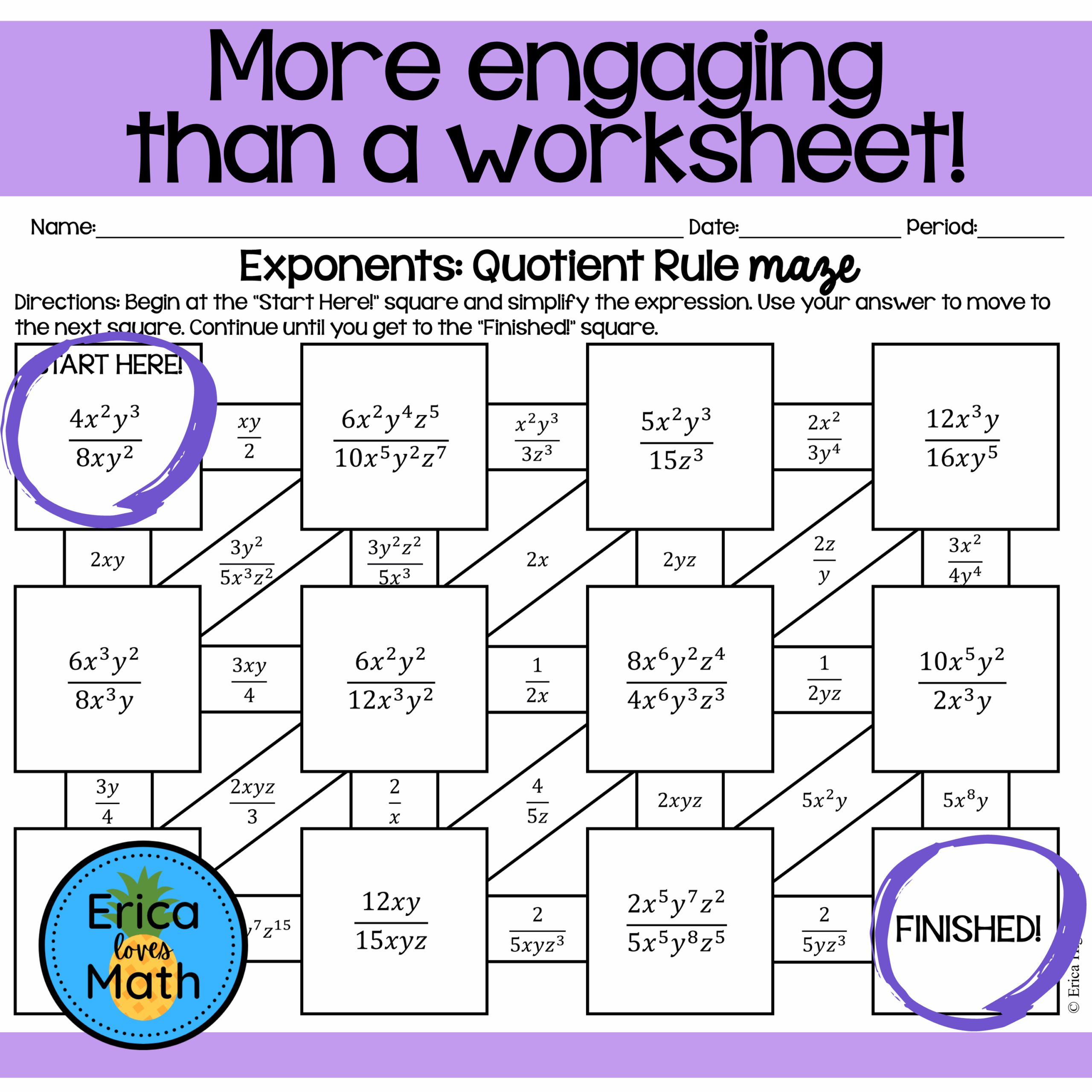 Exponents Quotient Rule Activity Maze Classful