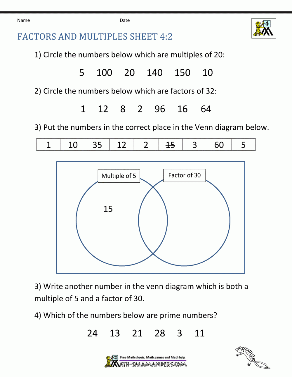 Factors And Multiples Worksheet Factors And Multiples Worksheet