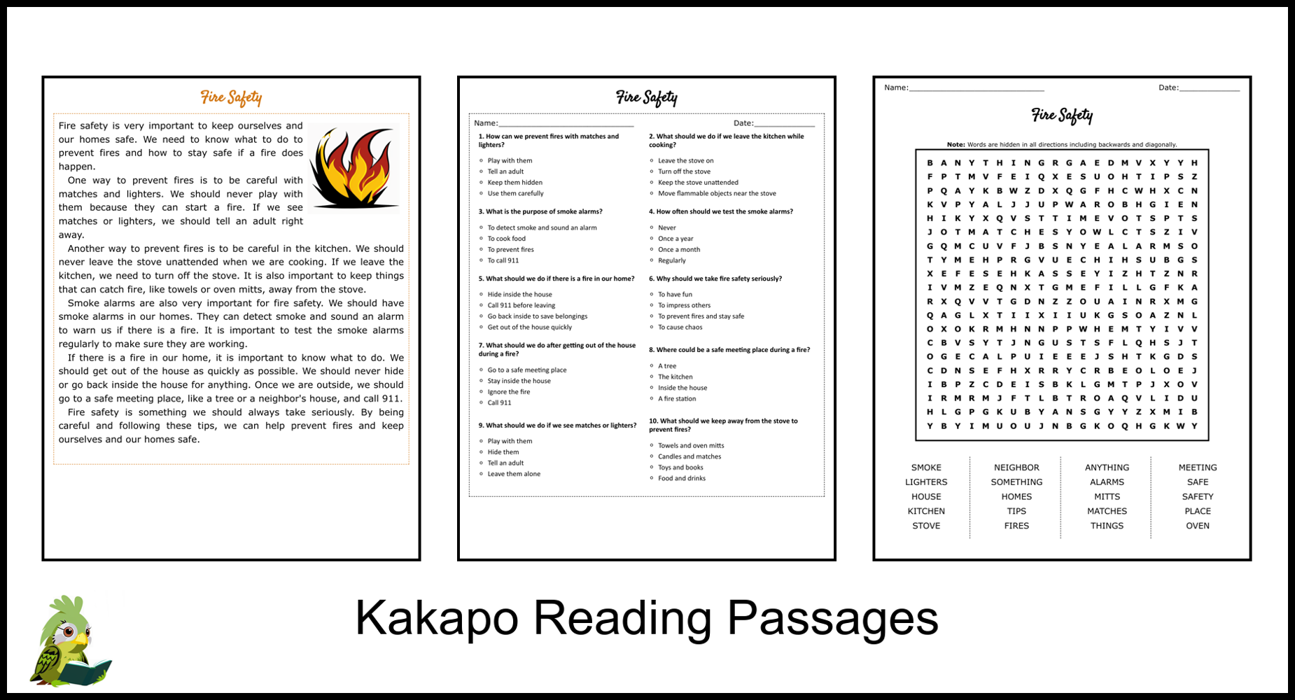 Fire Safety Reading Comprehension And Word Search Teaching Resources