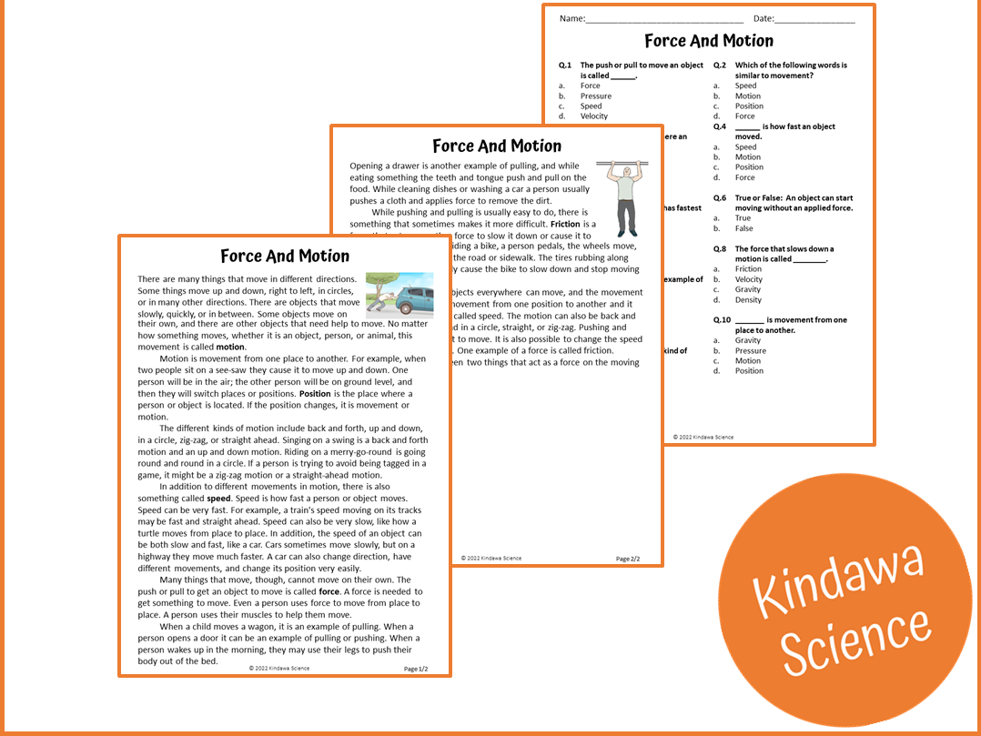 Force And Motion Reading Comprehension Passage And Questions PDF Teaching Resources