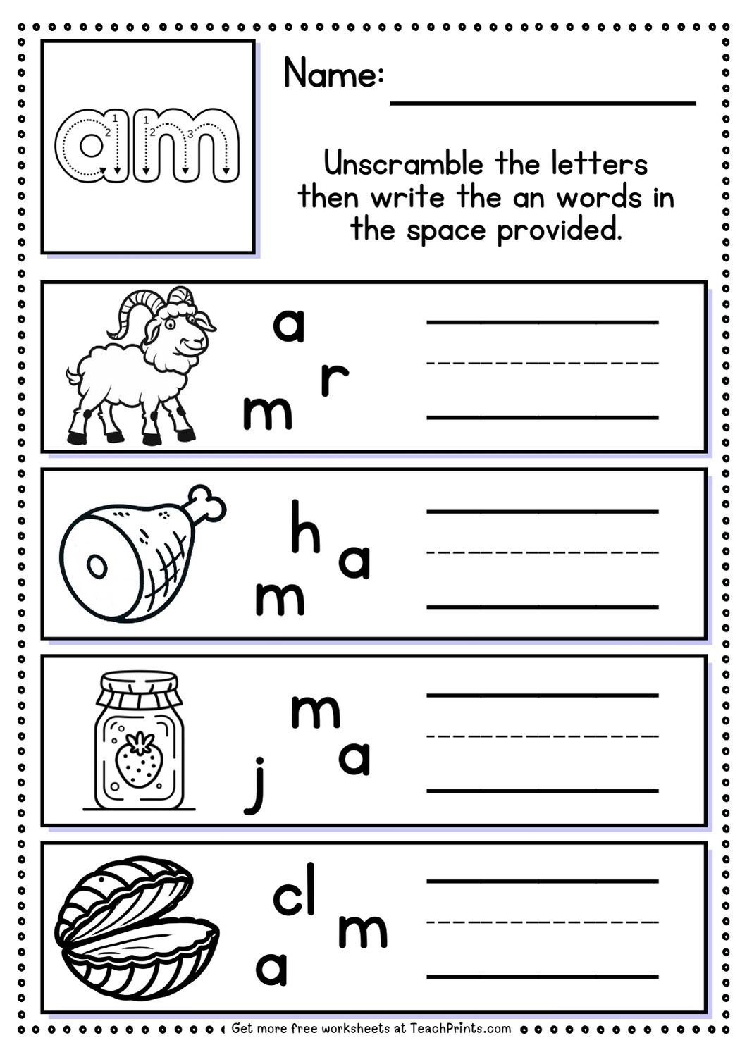 Free am Word Family Worksheets Teach Prints