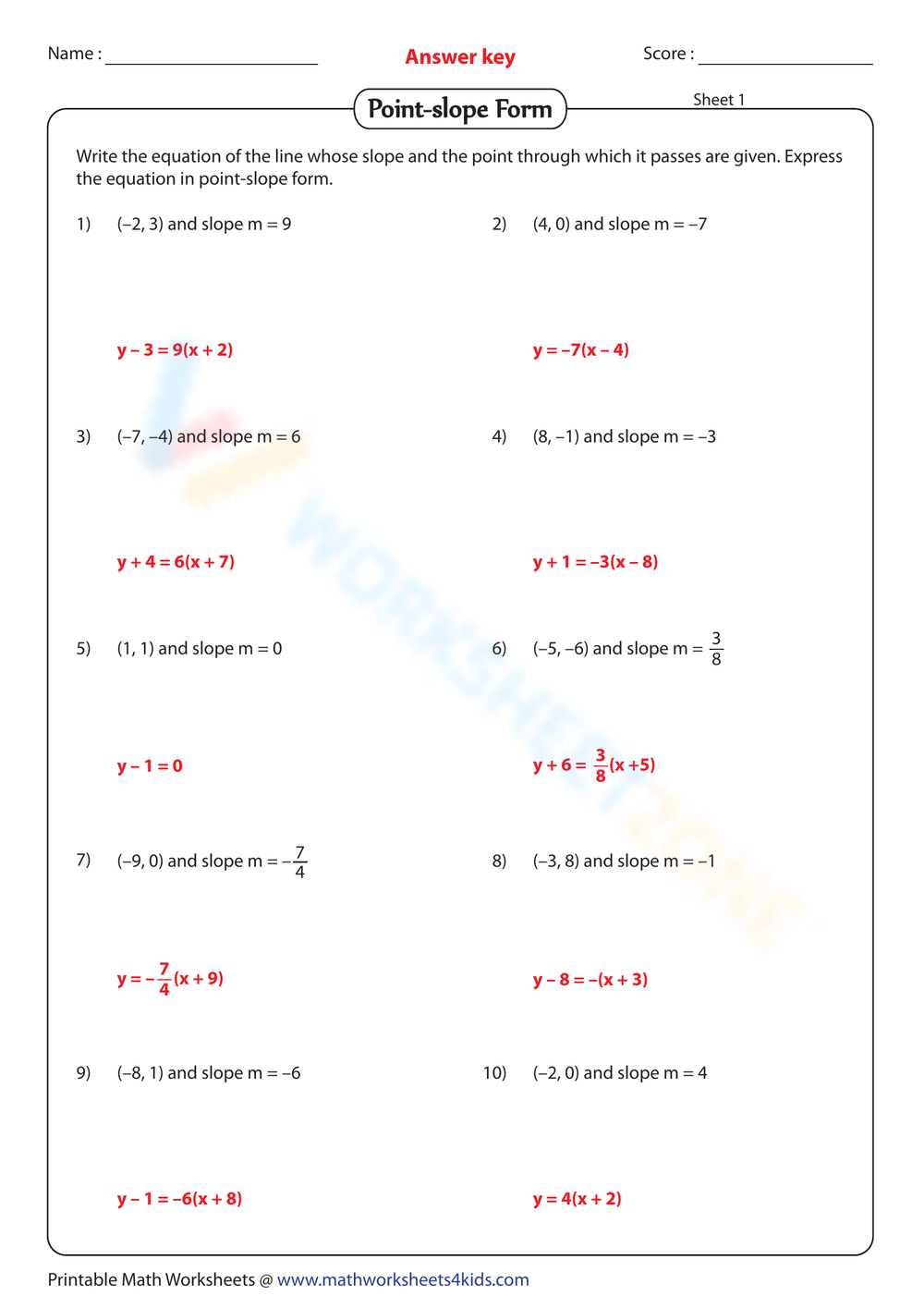 Point Slope Worksheets Free Printable