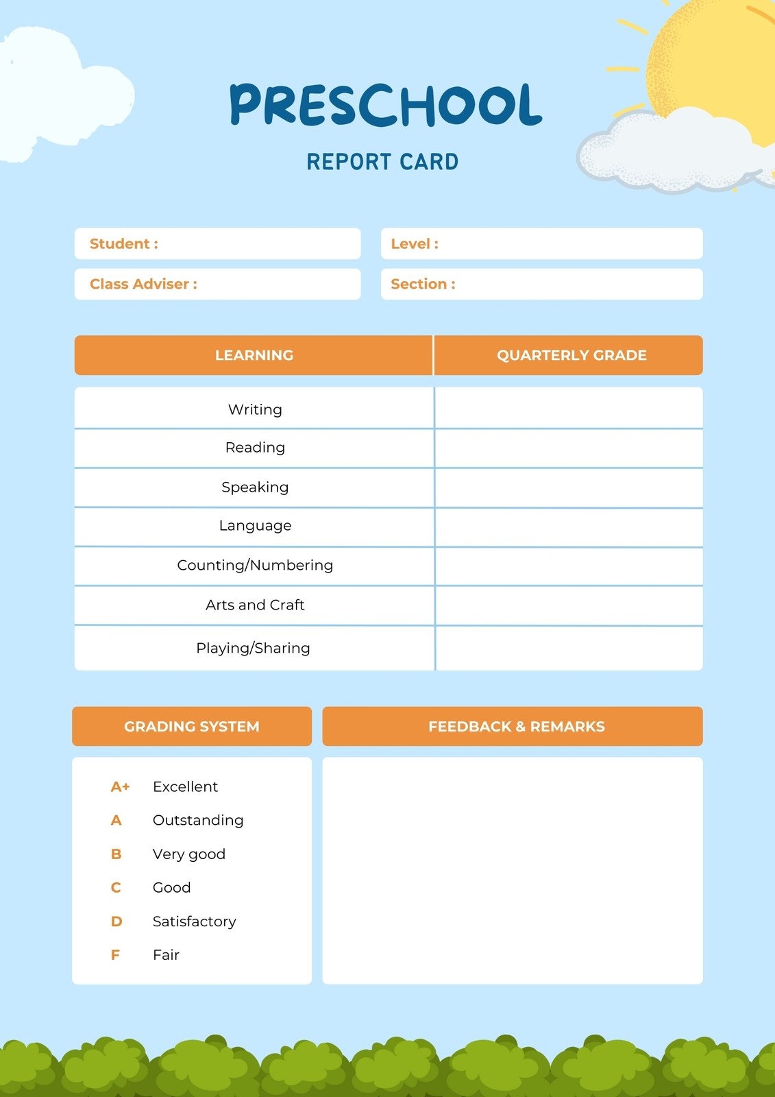 Free Printable Report Cards For Preschool
