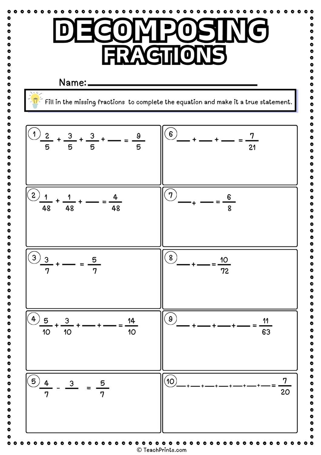 Free Decomposing Fractions Worksheets Teach Prints