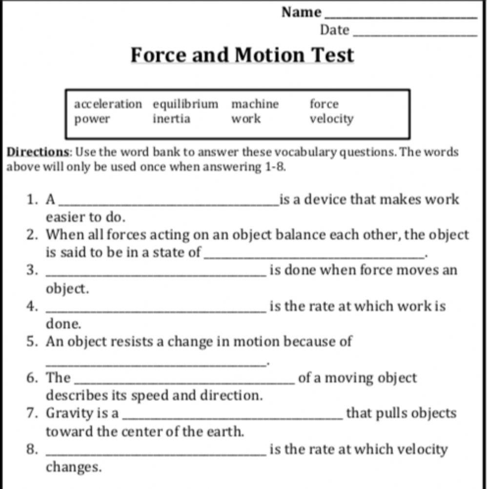 Free Force And Motion Worksheet For 5th Grade Download Free Force 