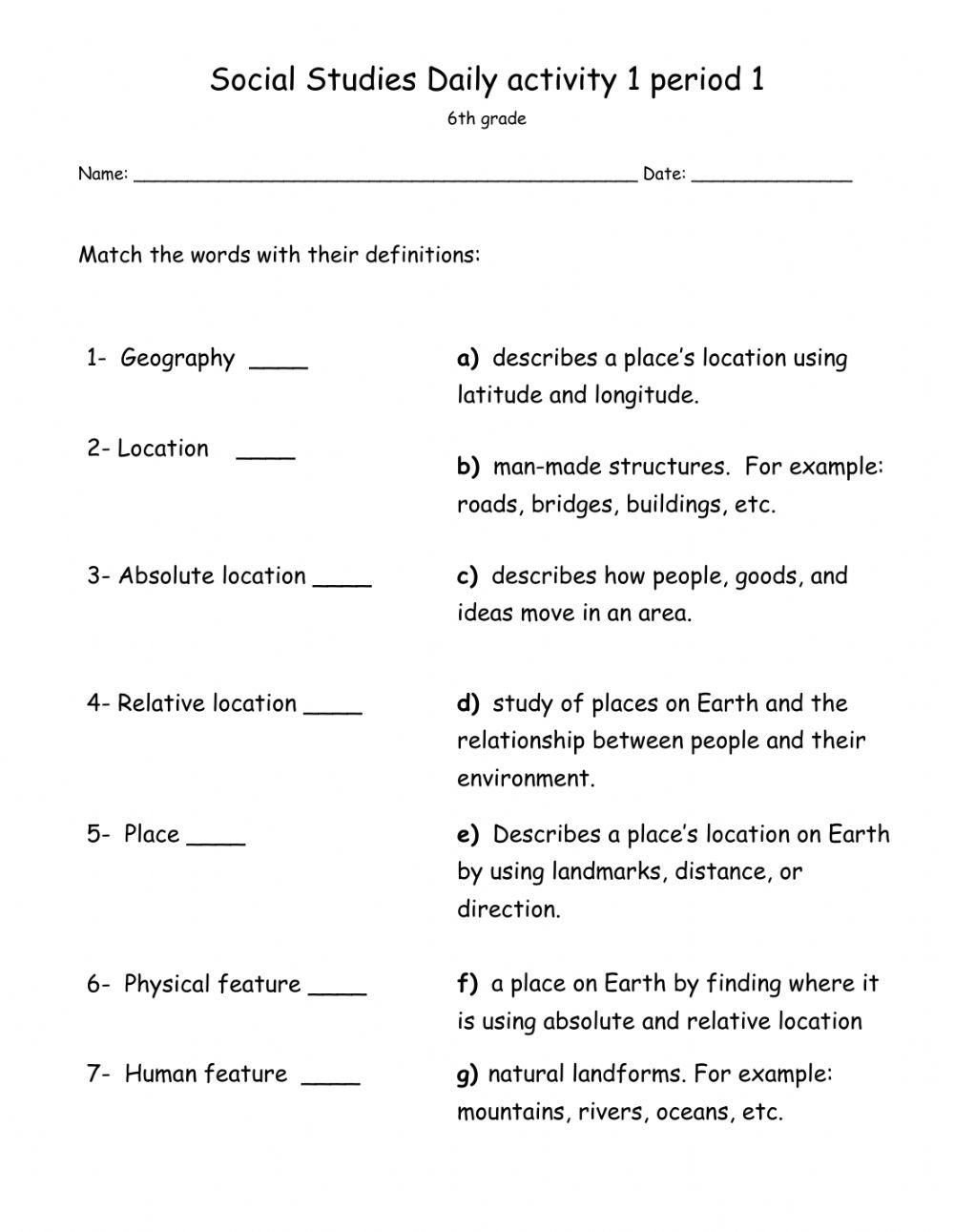 Free Printable 6th Grade History Worksheets