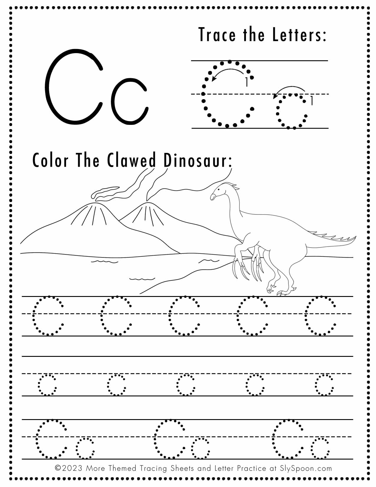 Free Letter C Tracing Worksheet Printable Dinosaur Themed Sly 