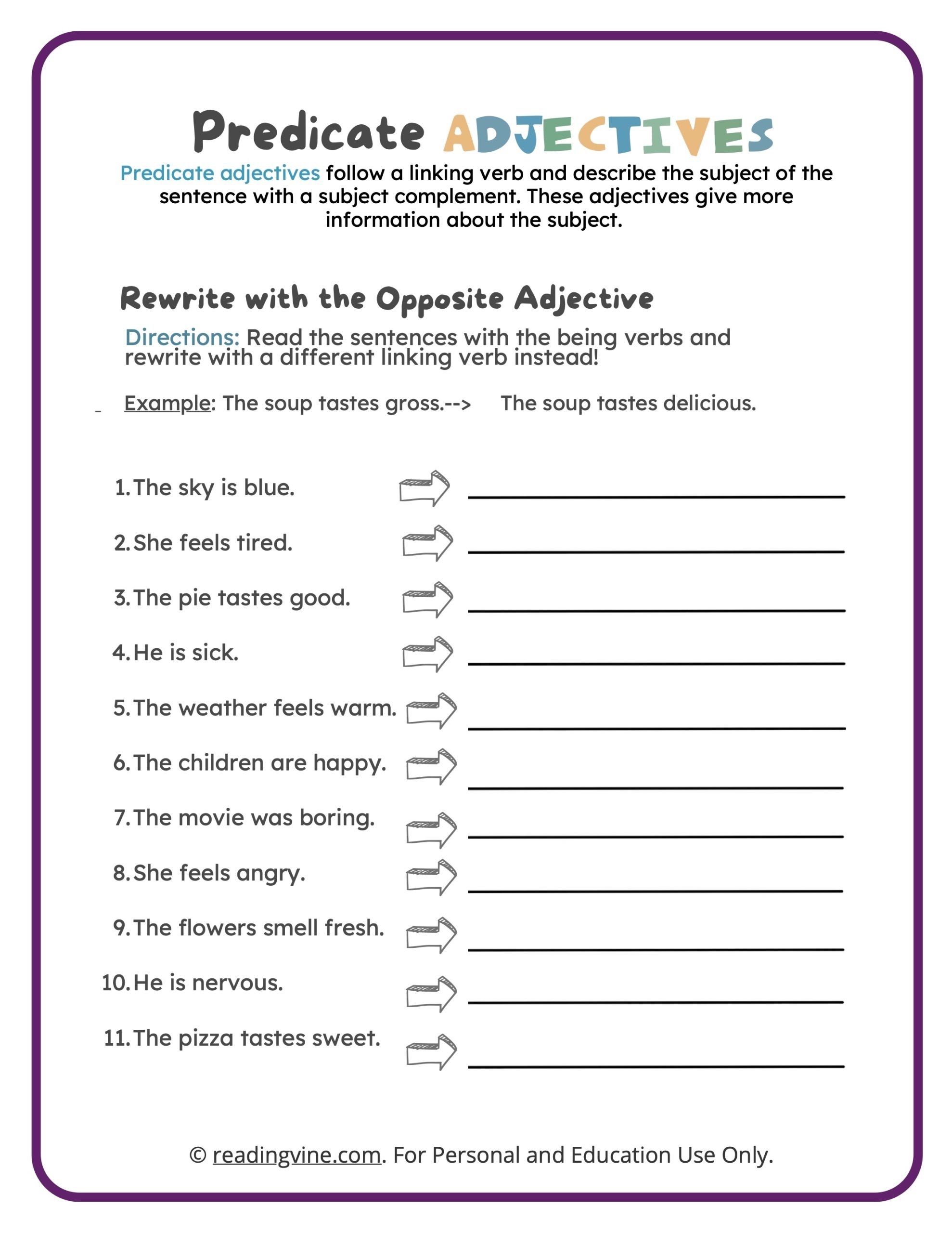 Free Printable Predicate Adjective Worksheets