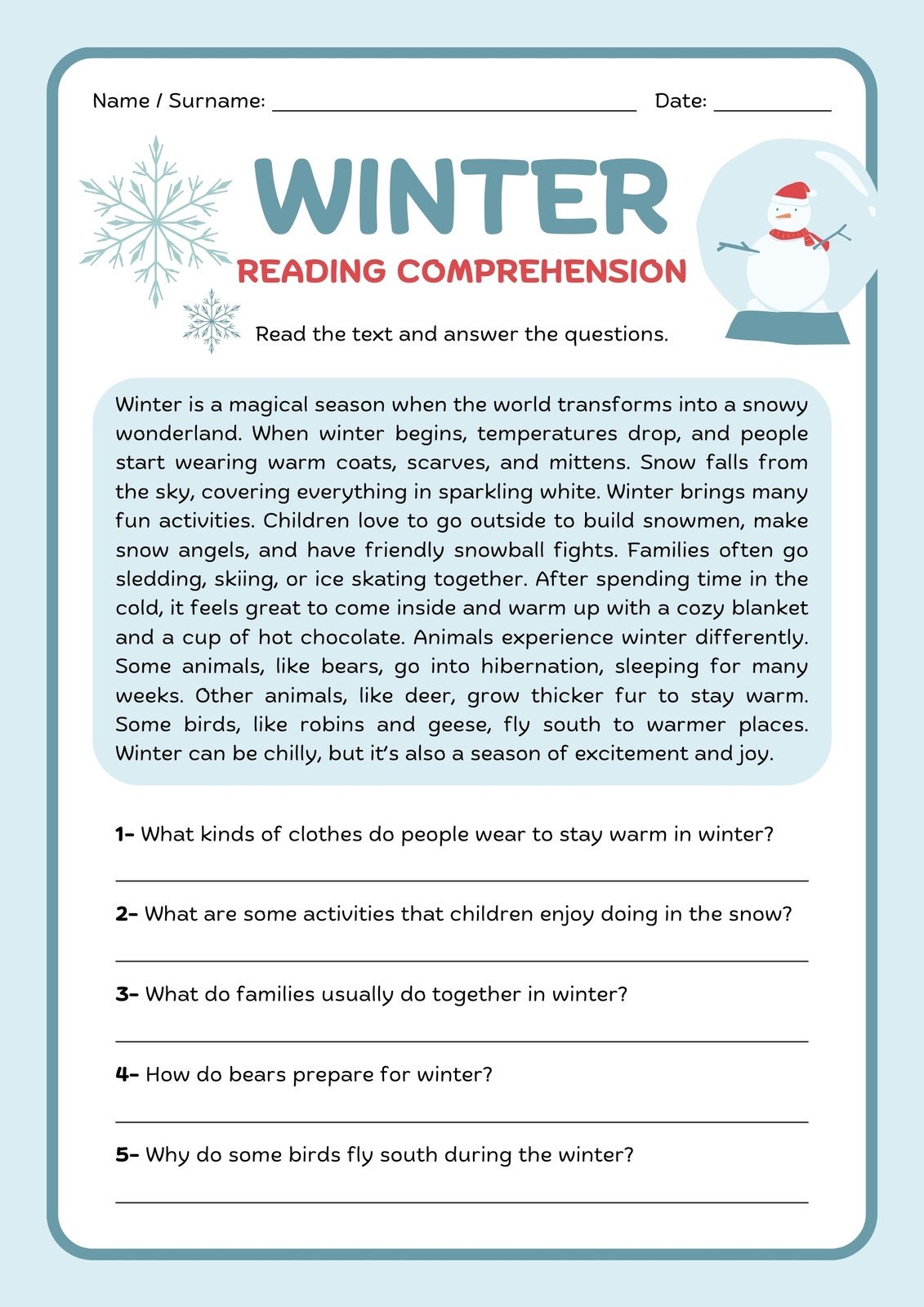 4th Grade Free Reading Comprehension Worksheets