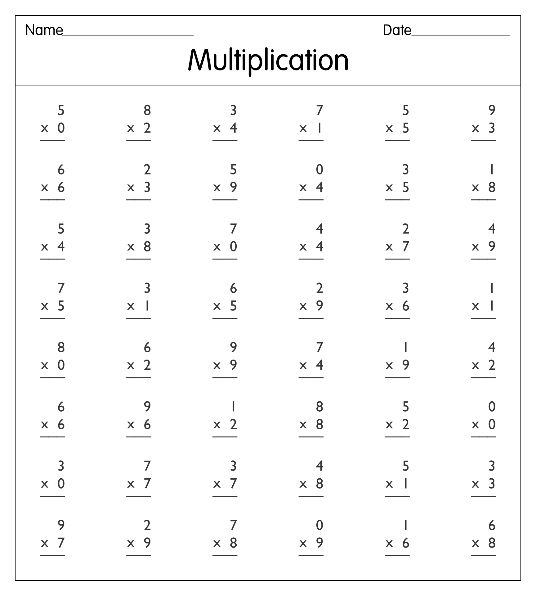 Free Multiplicaion Printable Worksheets
