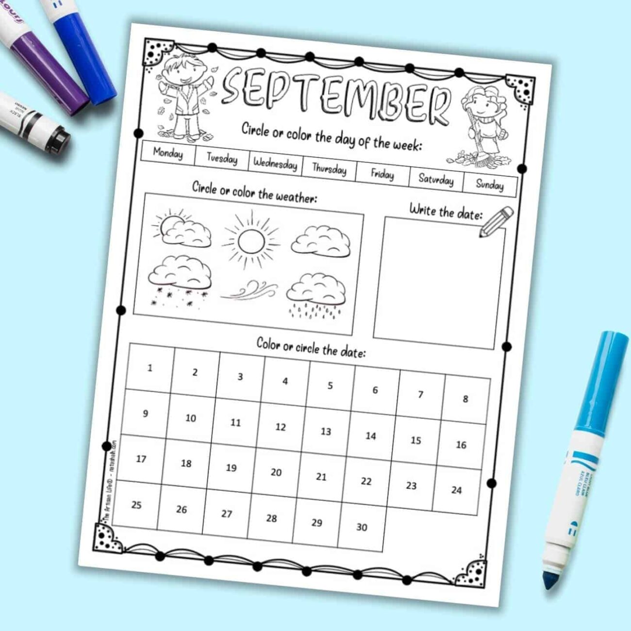 Free Printable September Calendar Worksheet For Kids The Artisan