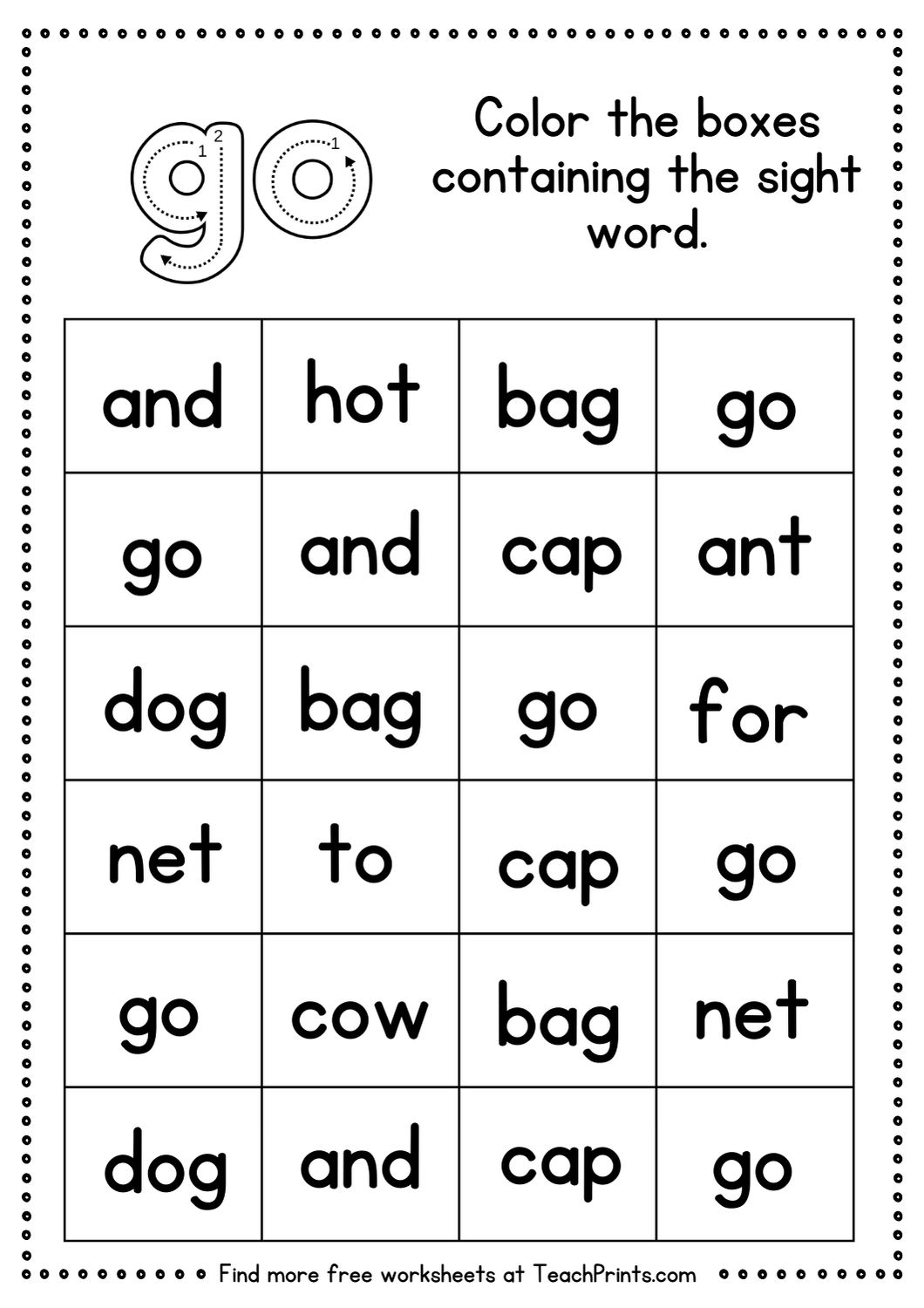 Free Sight Word Go Worksheets Teach Prints