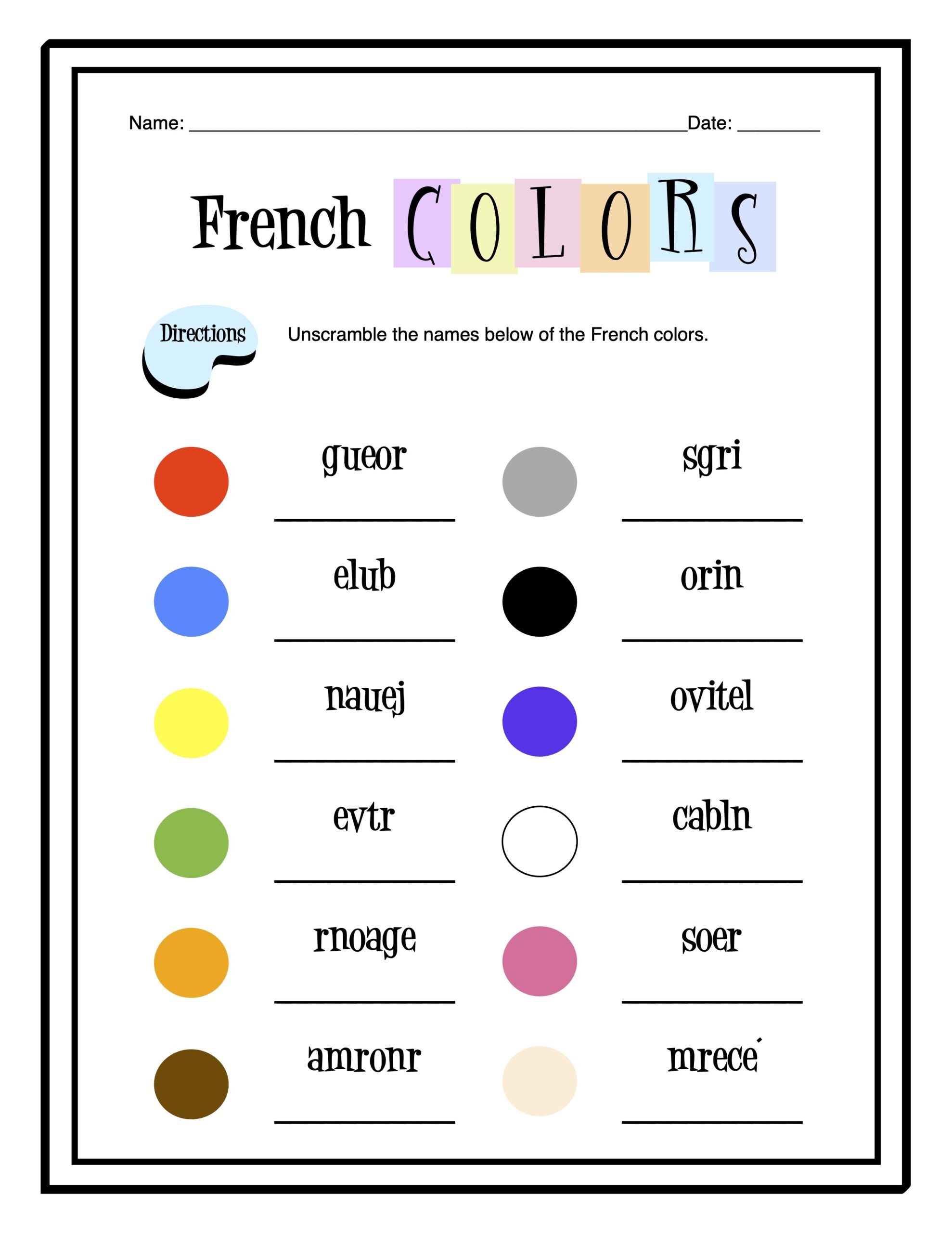 French Colors Worksheet Packet
