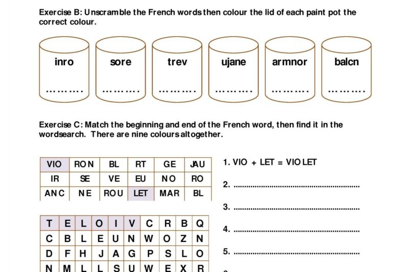 Free Printable French Colours Worksheets