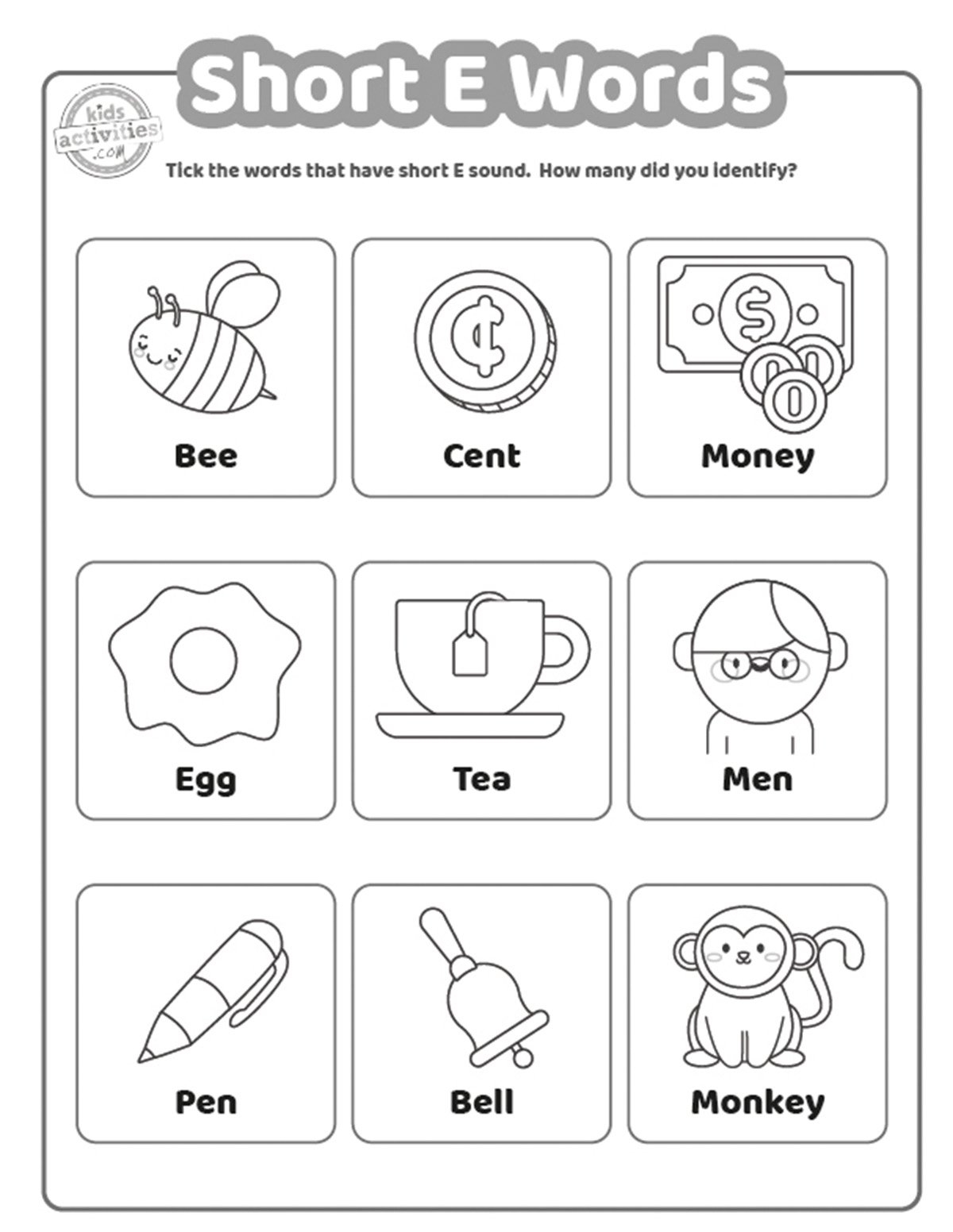 Free Kindergarten E Words Worksheets
