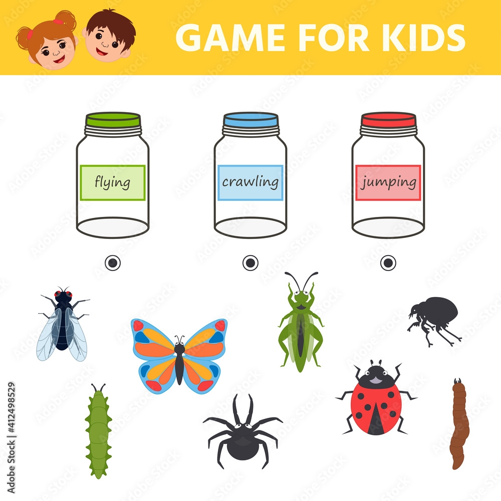 Game For Kids Distribute The Insects To The Jars Flies Crawls Worksheets Library