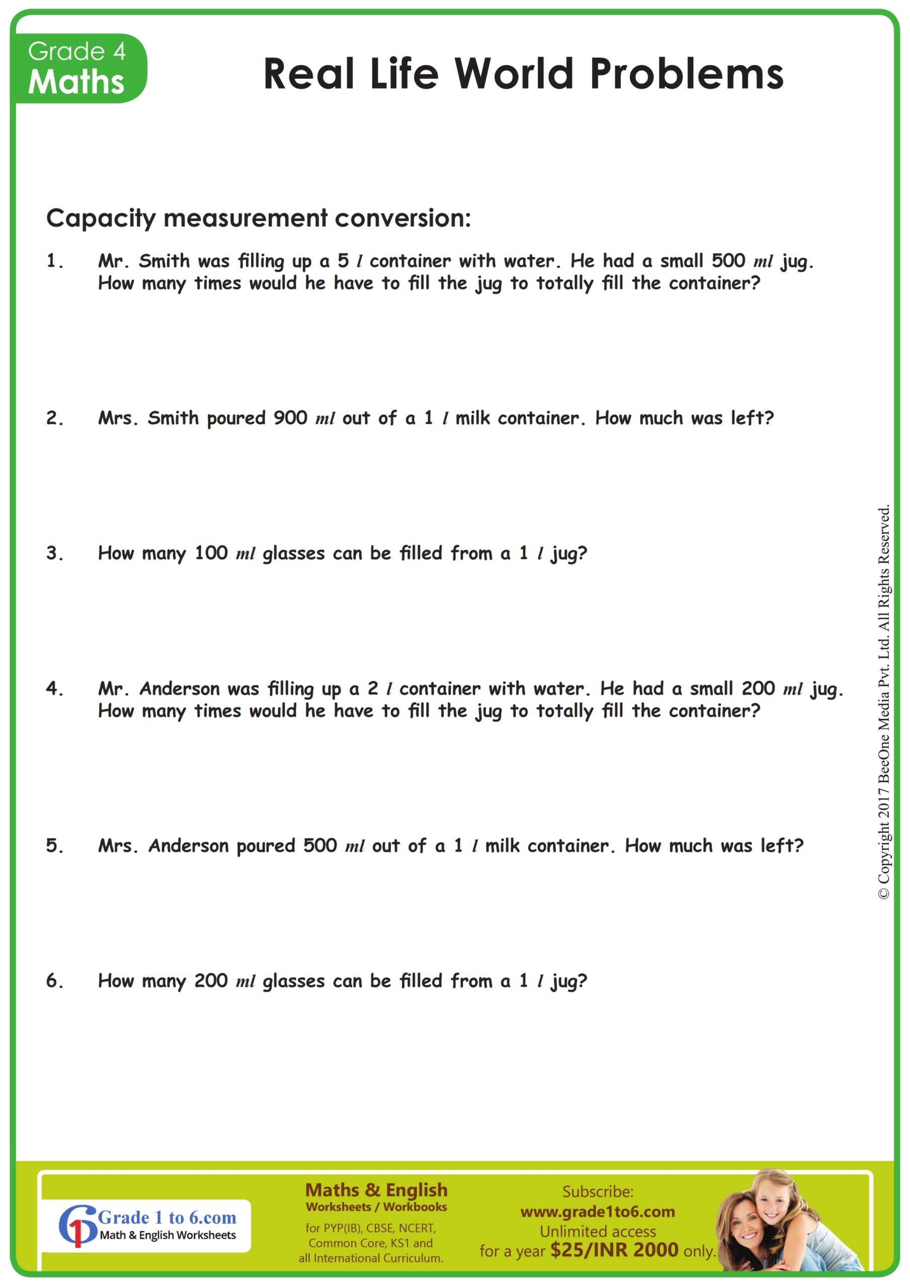 Grade 4 Volume And Capacity Word Problems Grade1to6