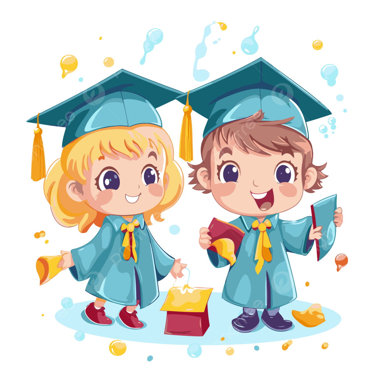 Graduation Kindergarten Vector Sticker Clipart Two Cartoon Characters In Graduation Gowns Are Holding Diplomas Sticker Clipart PNG And Vector With Transparent Background For Free Download
