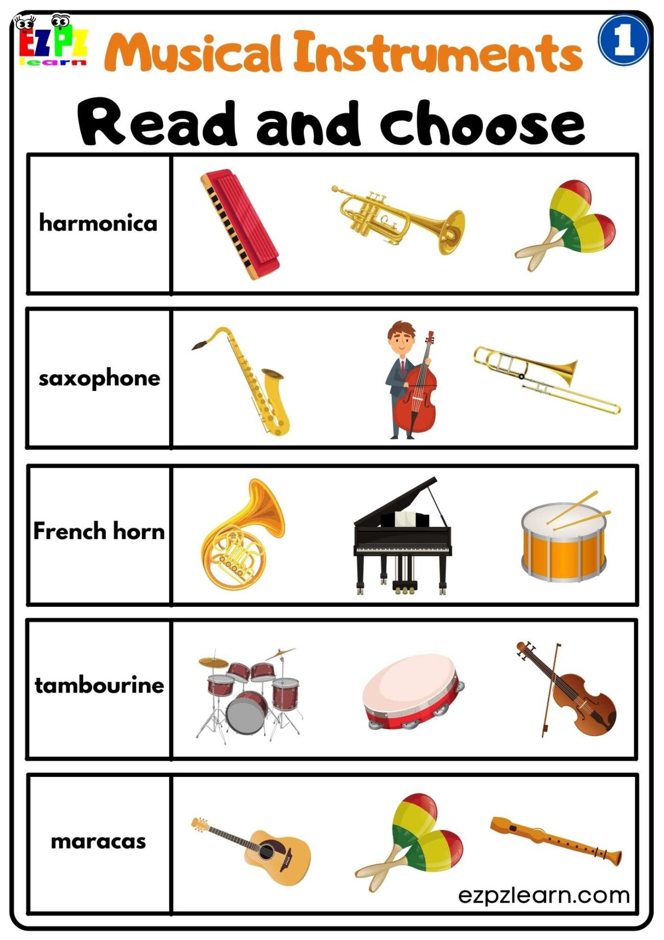 Group One Musical Instruments Read And Choose Worksheet Free PDF Download Ezpzlearn