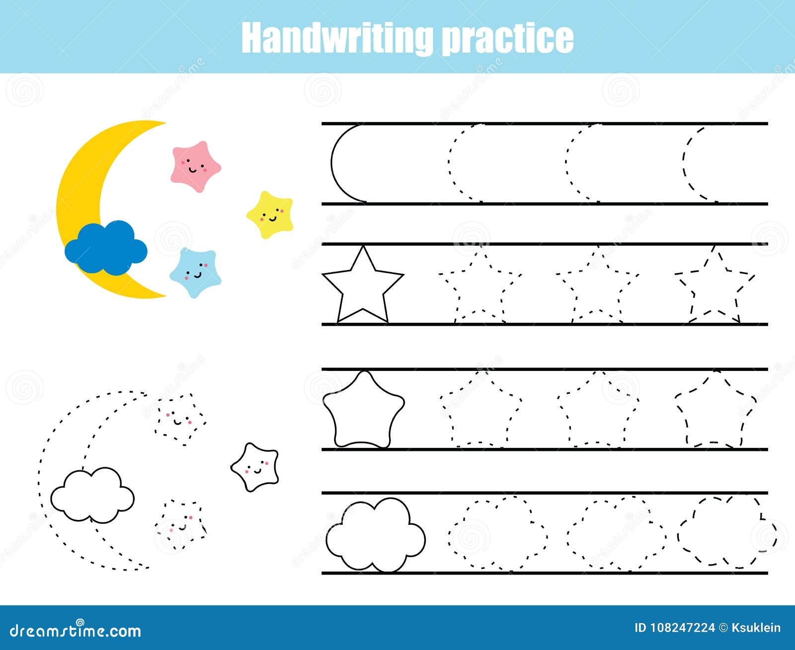 Handwriting Practice Sheet Educational Children Game Printable Worksheet For Kids Writing Training Printable Worksheet Stars A Stock Vector Illustration Of Cute Clouds 108247224