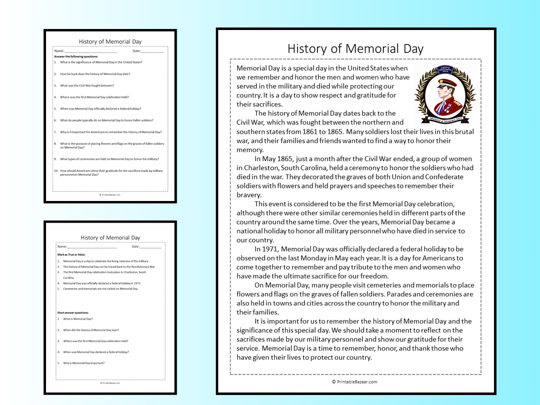 History Of Memorial Day Reading Comprehension Passage Printable 