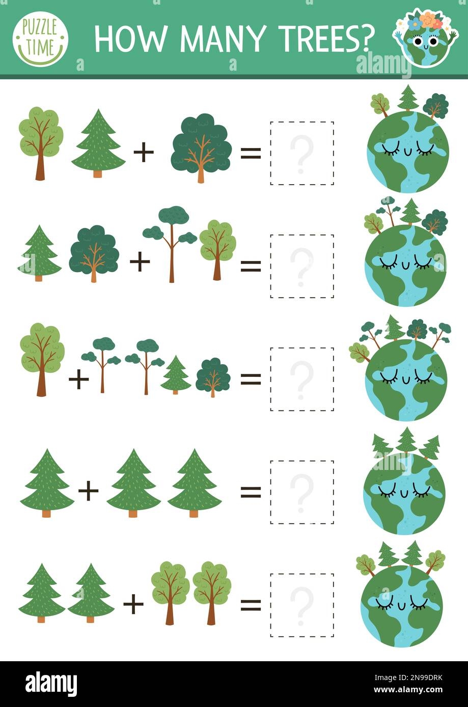 How Many Trees Game With Cute Planet Ecological Math Addition Activity For Preschool Children Simple Eco Earth Day Printable Counting Worksheet For Stock Vector Image U0026 Art Alamy