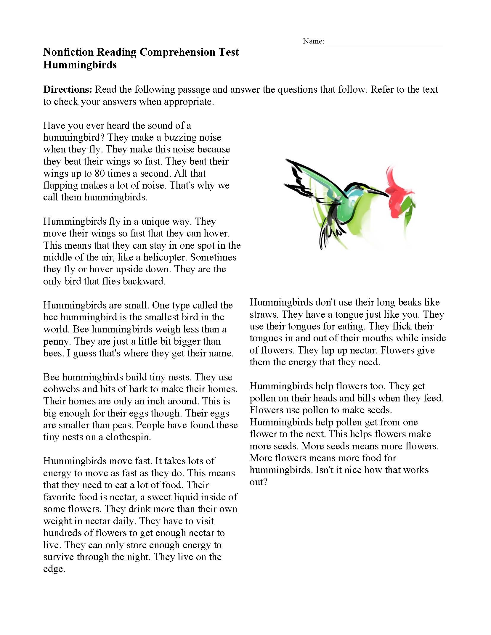 Hummingbirds Nonfiction Reading Activity
