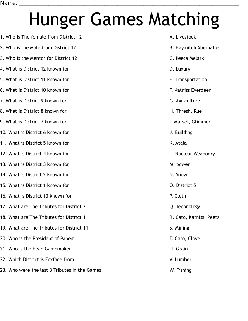 Hunger Games Matching Worksheet WordMint Worksheets Library